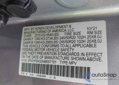2022 Honda Pilot 2Wd Sport z USA, uszkodzony, nr VIN 5FNYF5H33NB007191
